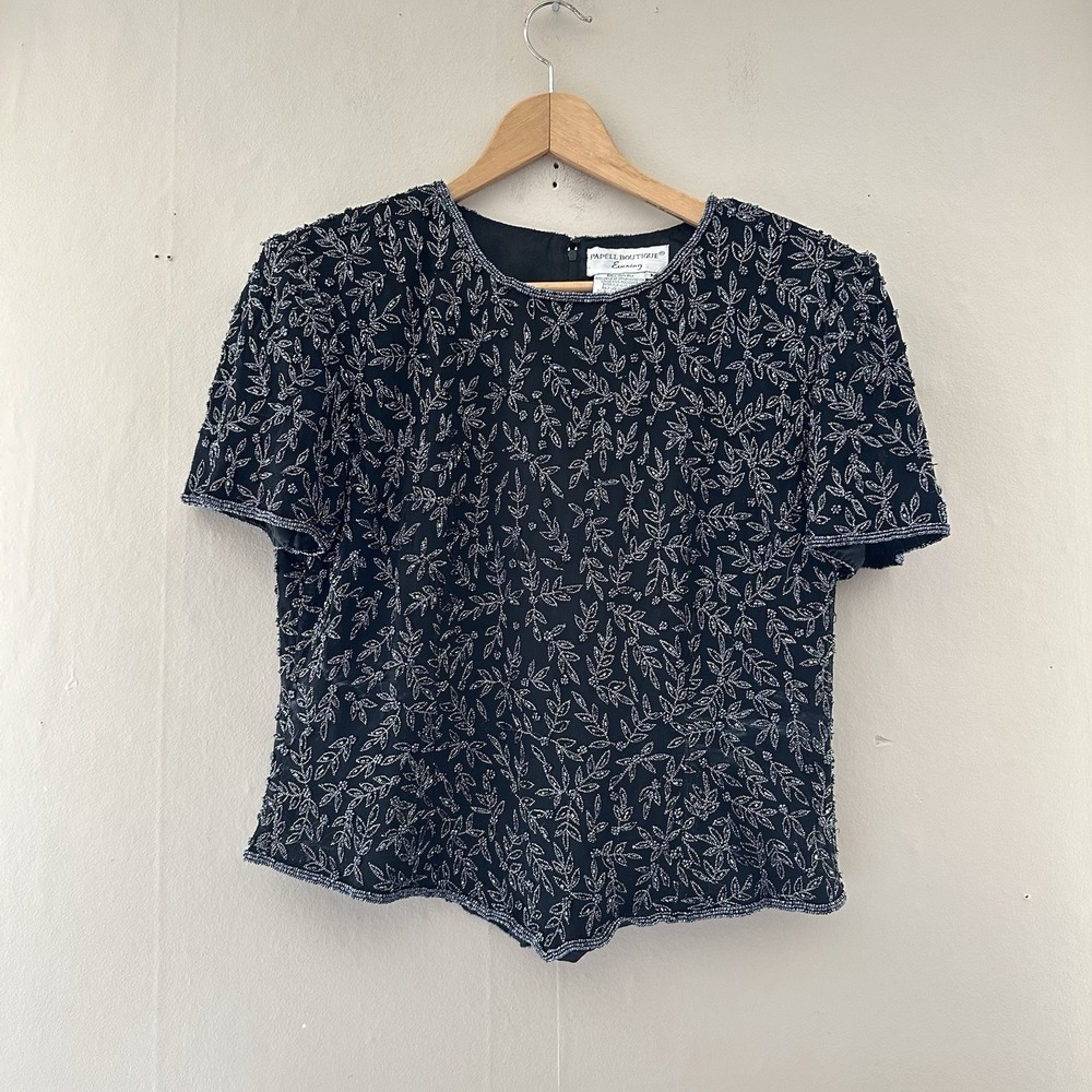 VTG Papell Boutique Evening Floral Beaded Top Size M 100% Silk Black Party Event
